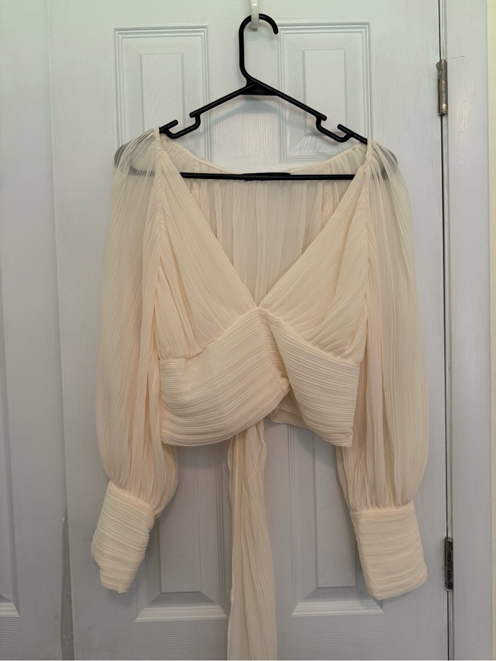Cream Pleated Long-Sleeve Blouse